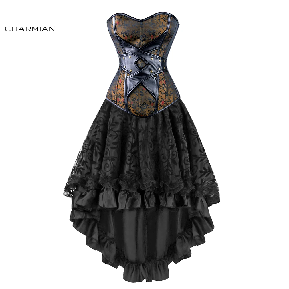 Set Charmian женские сексуальные готические викторианские стимпанк Корсеты, кожаные корсеты и бюстье, юбки, вечерние корсеты для талии - Цвет: Set