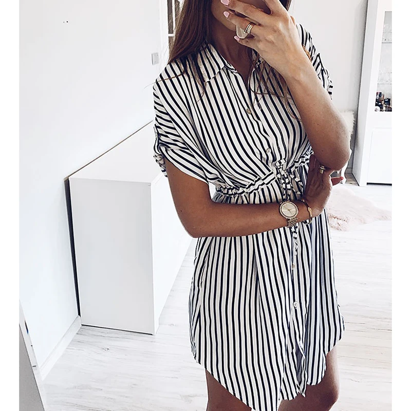 Полосатое платье женское Бандажное рубашка летнее Мини Повседневное для