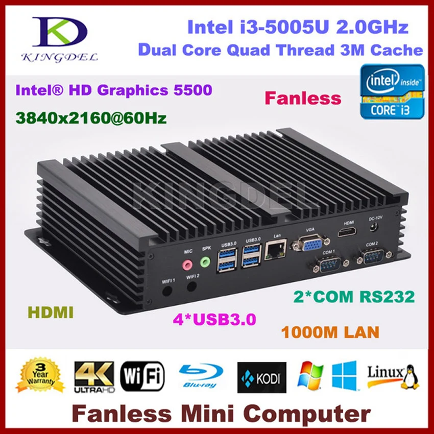 

Kingdel Fanless Industrial Mini PC,HTPC,Nettop,Core i3 5005U 5010U,2*COM RS232,1*HDMI,1*VGA,1*1000M LAN,TV Box, Wifi,Windows 10