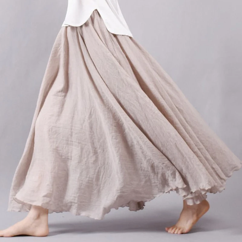 

Casual Solid Women Linen Cotton Long Skirts Elastic Waist Pleated Maxi Skirt Summer 2020 Beach Bohemian Vintage Streetwear SS381