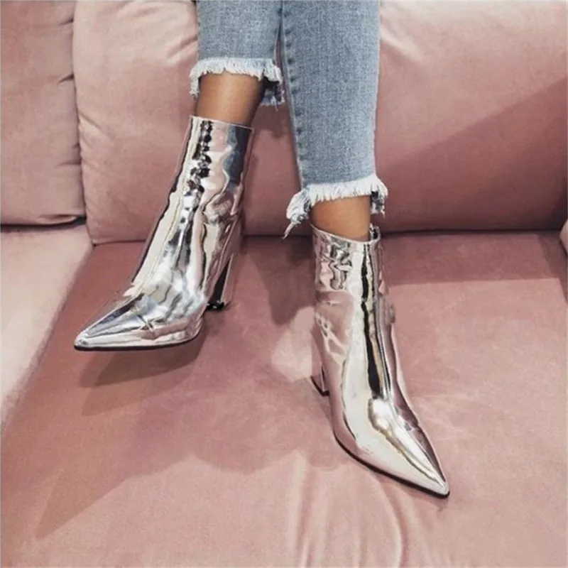 

Fashion Patent Leather Women Ankle Boots Pointed Toe Chunky High Heel Boots Female Sexy Stiletto Women Pumps Botas