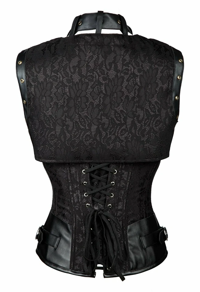 Ретро черный ПАРЧОВЫЙ ТОП без воротника сексуальный корсет жилет стимпанк