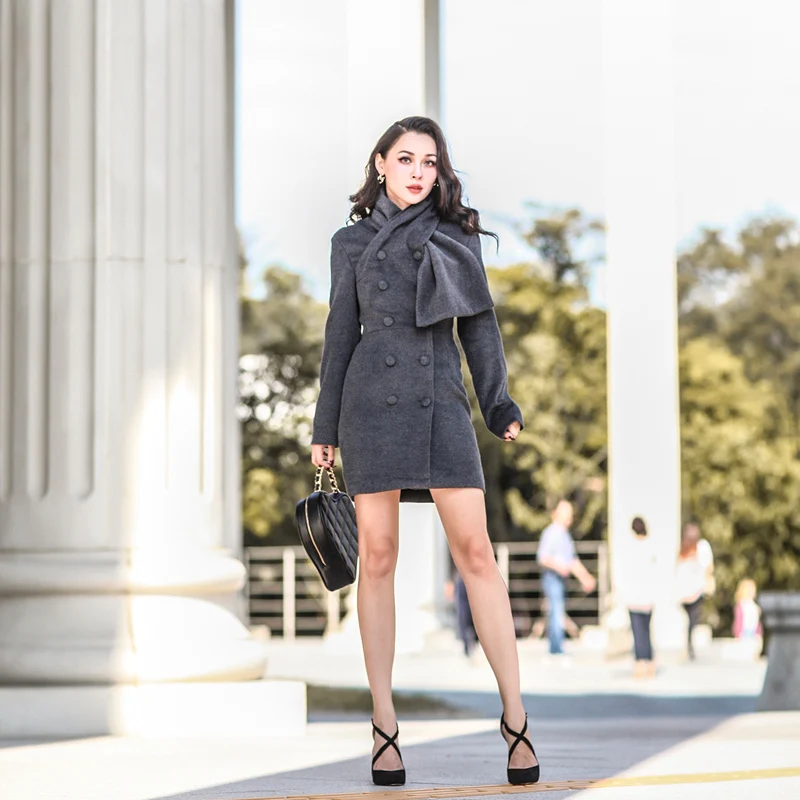Le palais Винтаж 2018FW 50s классические шерстяные пальто для женщин шарф воротник нерегулярные резки тонкий высокая посадка двубортный драпировка пальто