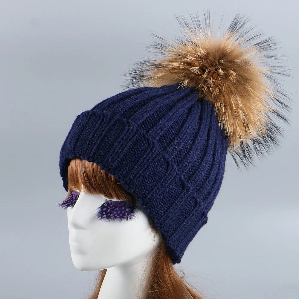 Шапка с помпонами из меха норки и лисы зимняя женская шапка вязаная шерстяная для