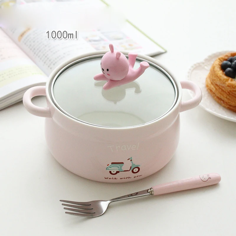 pink with fork 1000 мл мультяшная керамическая обеденная чаша креативная Студенческая рисовая чаша бытовые суповые тарелки для лапши чаша с функцией держателя мобильного телефона - Цвет: pink with fork