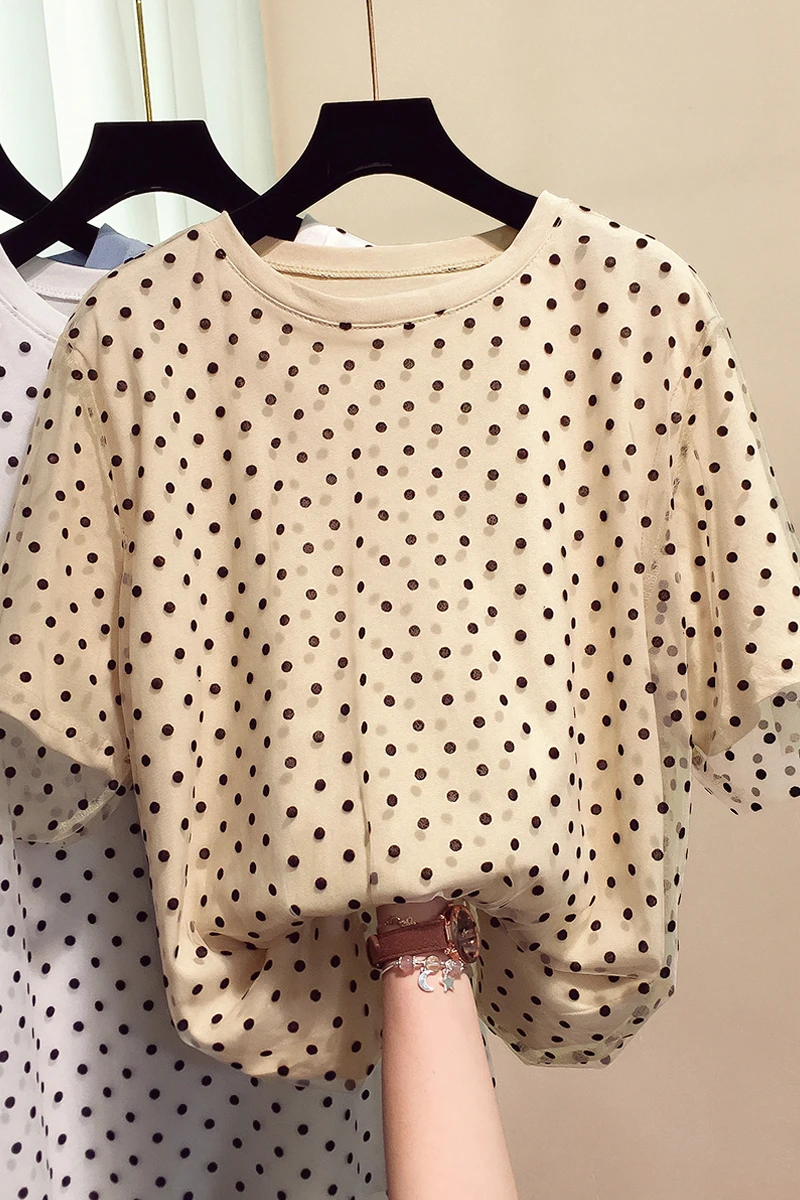 Женская футболка с круглым вырезом Tumblr Rushed Kpop свободная Сетчатая в горошек