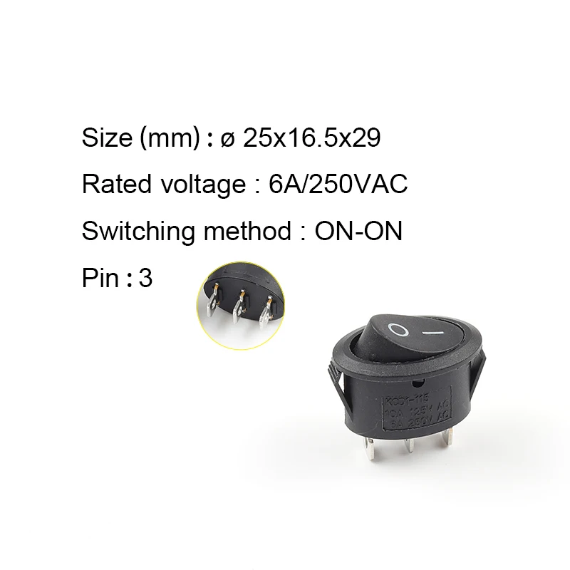 3P Black Black 5 шт. KCD1 25*16,5 мм Мини Круглый перекидной клавишный выключатель 2/3 Pin SPST вкл.-ВКЛ.-ВЫКЛ.-ВКЛ.-ВКЛ. 6А/250В переменного тока выключатель питания с подсветкой - Цвет: 3P Black Black