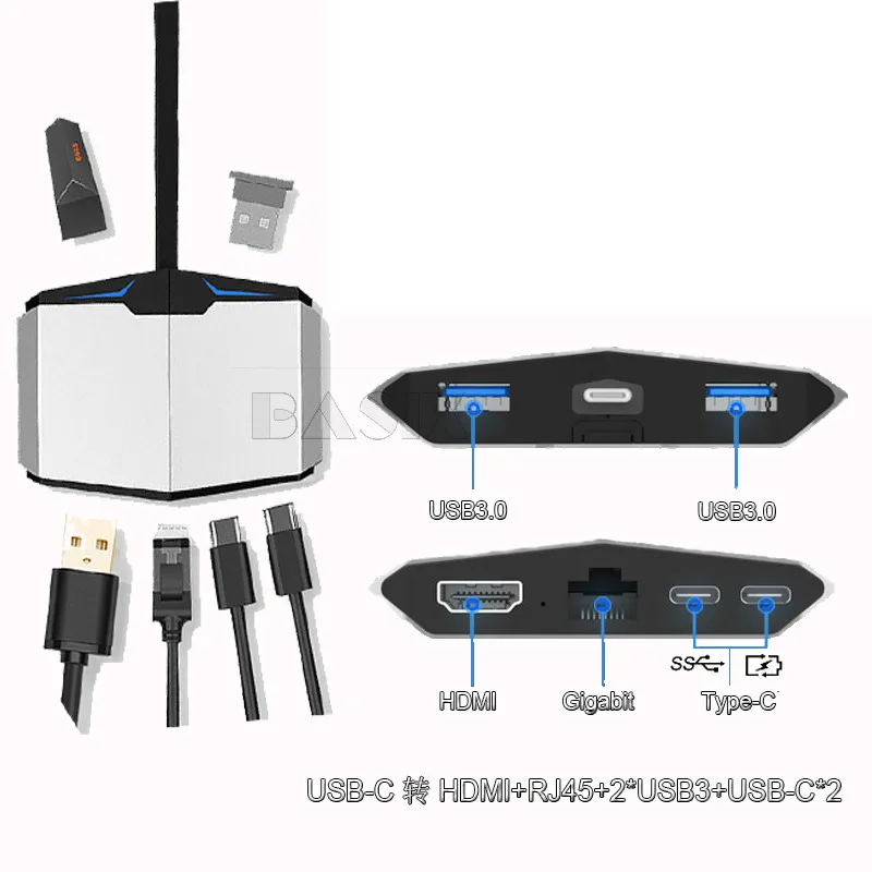 Basix USB C концентратор к HDMI 4K USB 3,0 порт SD/TF кард-ридер VGA RJ45 Gigabit Ethernet type C концентратор для Macbook Pro huawei P20 Pro - Цвет: 6 in1 usb c rj45