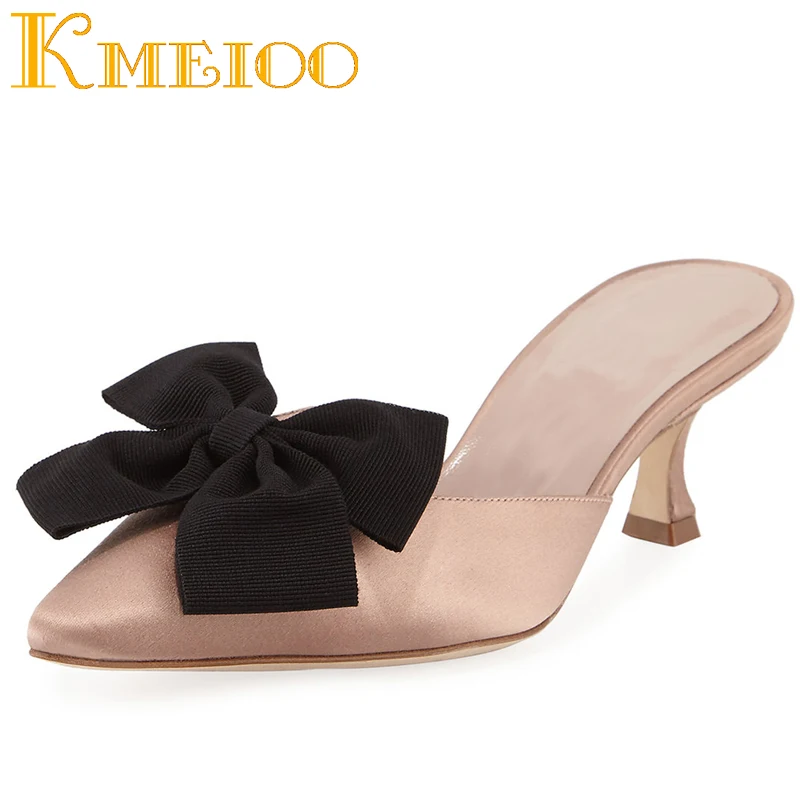 Мюли Kmeioo женские туфли лоферы заостренный носок каблук кошка с бабочкой без