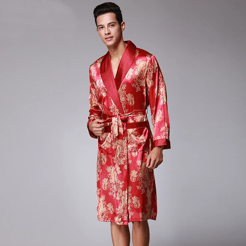 NEW Satin Silk Robe Male Spring Autumn Long Sleeve Sleepwear Bathrobe High Quality Dressing Gown Sexy Silk Kimono Hombre