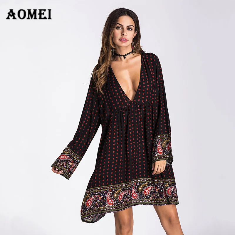 Для женщин oversize-платье Цветочный принт Boho туника для Девочек Глубоким v-образным