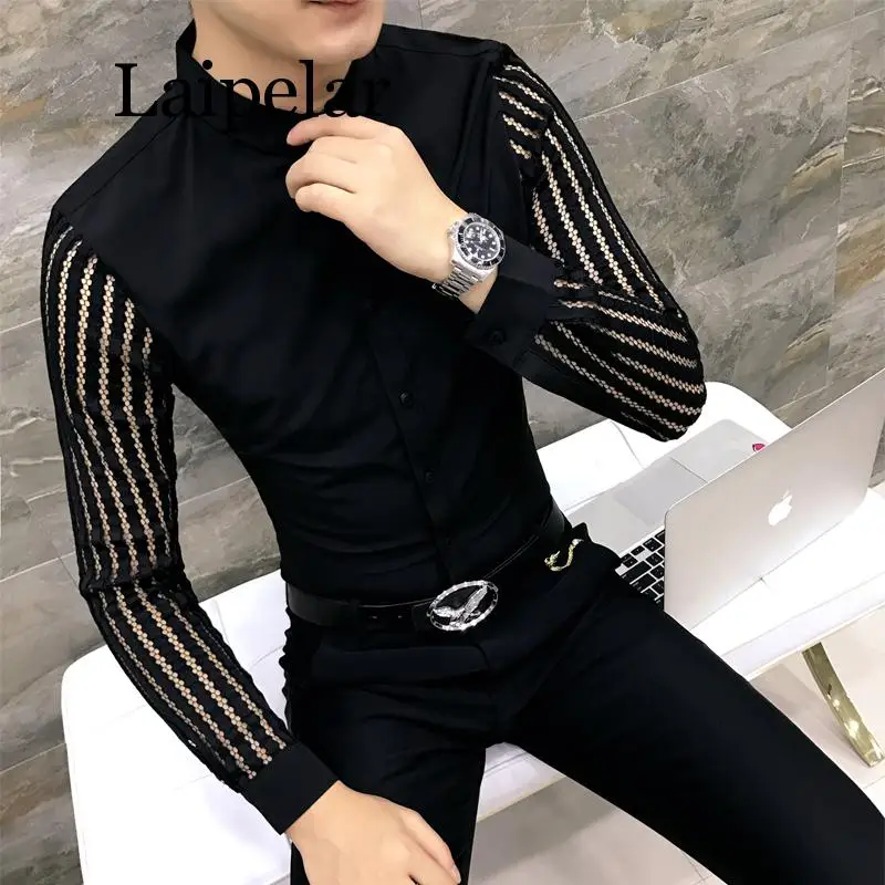 

Laipelar Men Shirt 2019 Spring Hollow Lace Patchwork Long Sleeve Shirt Men Streetwear Mens Shirts Casual Slim Fit Night Club