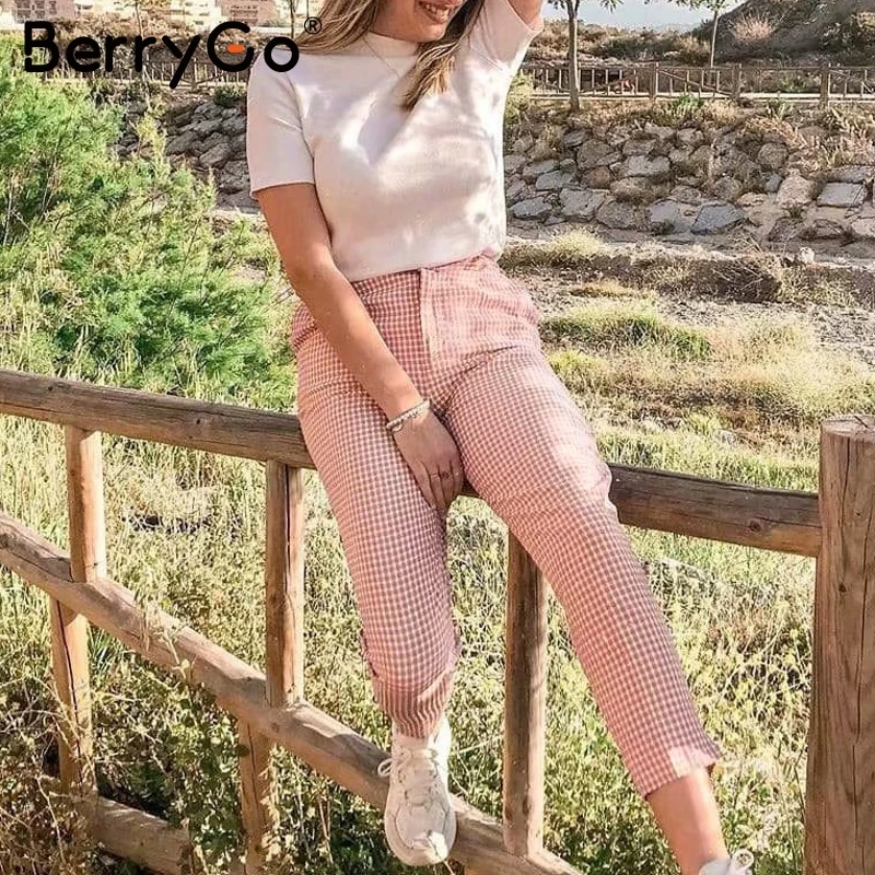 BerryGo, розовые клетчатые повседневные штаны для женщин,, летние винтажные рабочие штаны, Капри, женские прямые офисные женские брюки в британском стиле