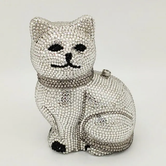 Silver Crystal Bag Бутик De FGG Прекрасный 3D кошка для женщин Золотой Кристалл Minaudiere клатч животных вечерние сумочки женские формальный ужин сумочка и кошелек - Цвет: Silver Crystal Bag