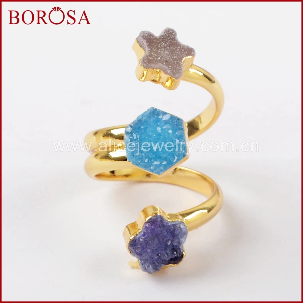 BOROSA 5PCS Gold Color Three Rainbow Multi Shaped Druzy Wire Wrapped Ring Drusy Gems Rings for Women Girls Jewelry G1553 | Украшения и