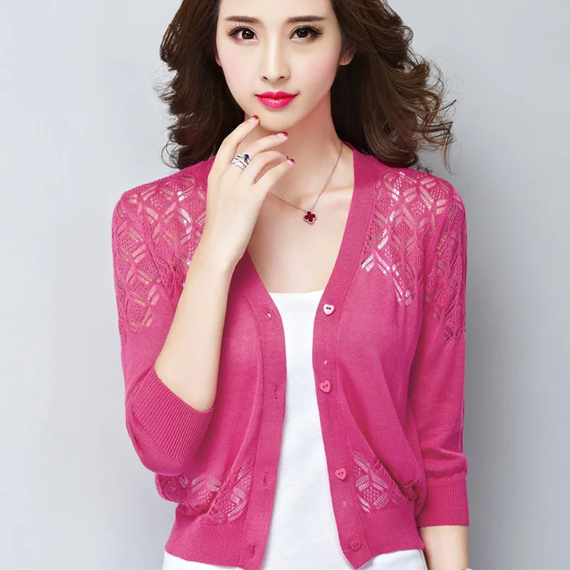 New Summer Autumn Women Knitted Cardigans Bright Silk Shawl Short Knit Coat Female Slim Elegant Long Sleeve Thin Cardigan |