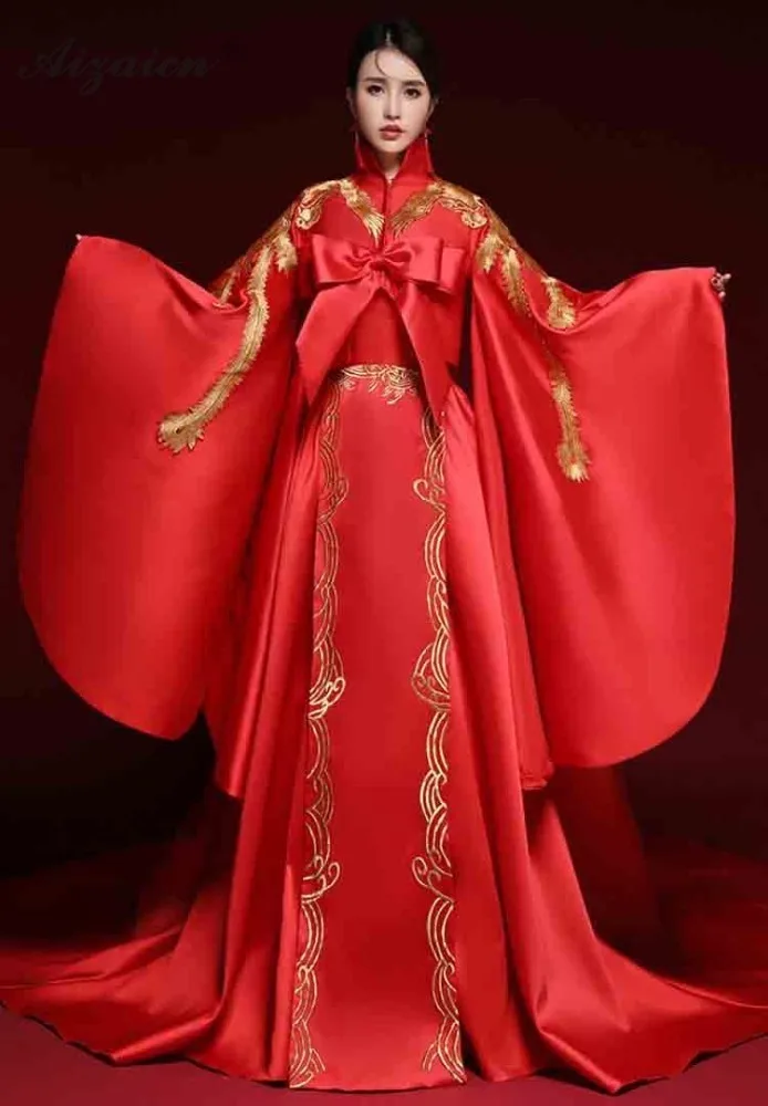 Восточный стиль, красное платье Хост, длинное, Cheongsam, современная вышивка невесты, Qi Pao, женское традиционное китайское платье, модное шоу