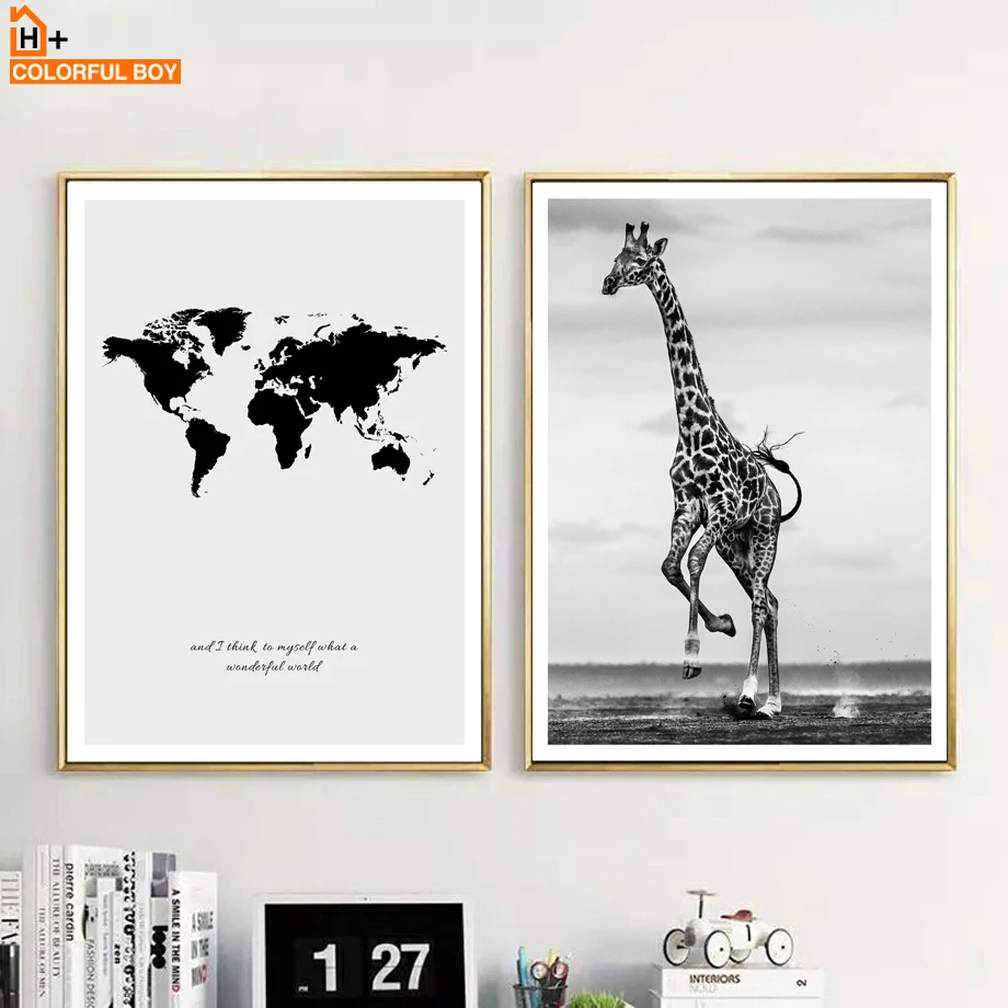 

Giraffe World Map Wall Art Canvas Painting Nordic Posters And Prints Black White Wall Pictures For Living Room Bedroom Decor