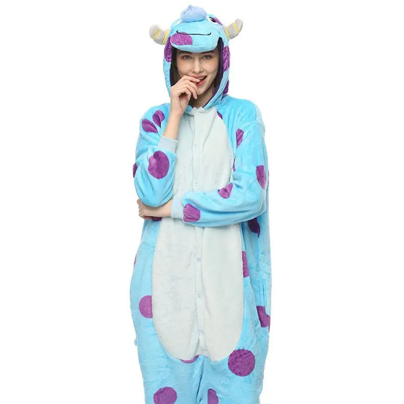 Blue Monster Kigurumi Onesie Adult Women Animal Pajamas Suit Flannel Warm Soft Sleepwear Onepiece Winter Warm Pijama Cosplay