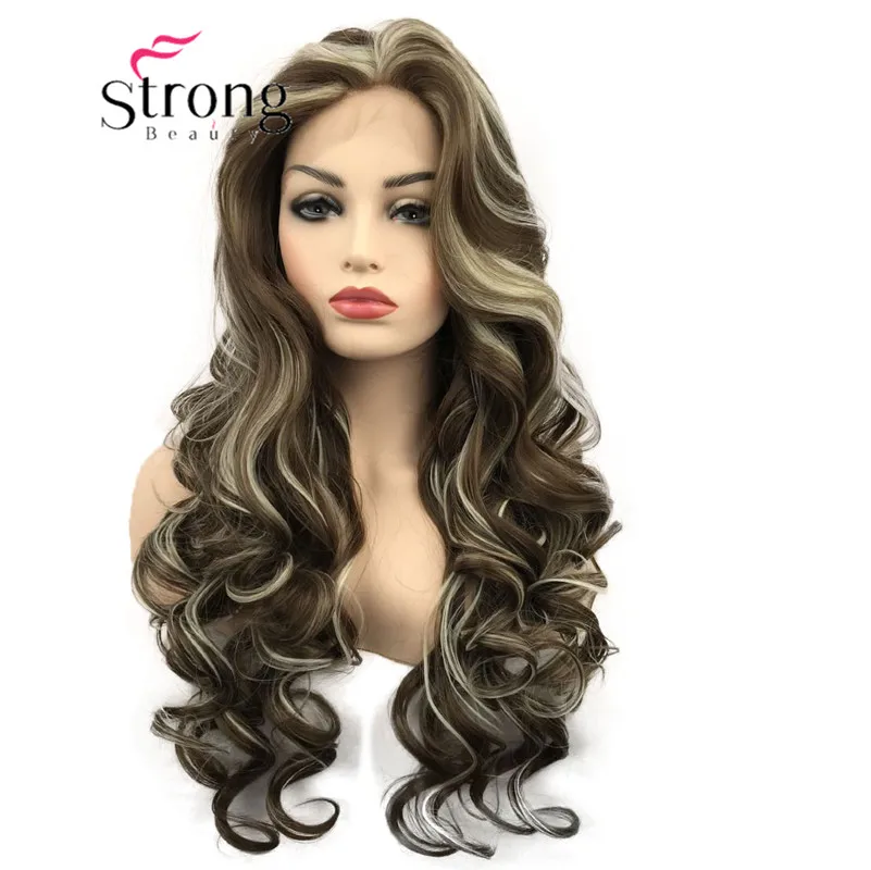 StrongBeauty парики на кружеве для женщин коричневый микс Glueless длинные волнистые синтетические термостойкие волосы парик выбор цвета