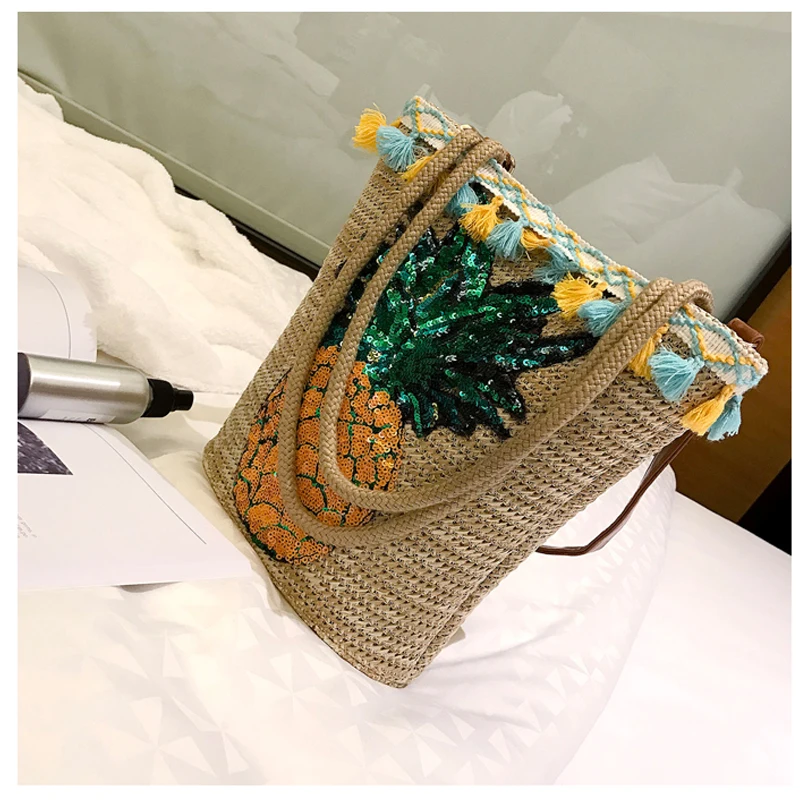 Ручной кисточкой Летняя соломенная сумки для женщин блесток ананас пляжная