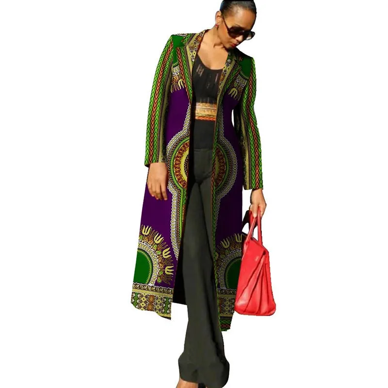 Dashiki African Clothing for Women Full Sleeve Wedding Dresses Bazin Riche Mid Calf Length Print Trench Coat | Тематическая одежда