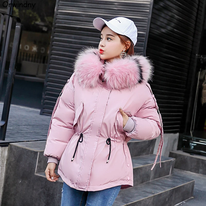 Orwindny Winter Coat Women Large Fur Collar Winter Parkas Female Slim Fashion Short Cotton Padded Jacket Hooded Wadded Coat