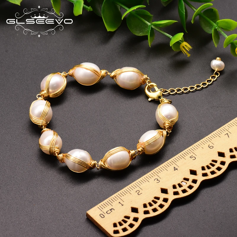 

GLSEEVO Natural Fresh Water Pearl charm Bangles For Women Adjustable Bracelets Pulseras Handmade Fine Luxury Jewellery GB0104