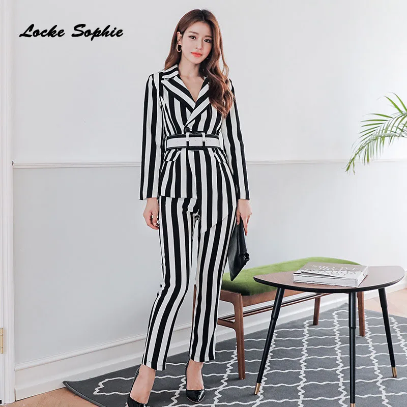 2 piece set womens Sexy tops and pants 2019 Summer cotton blend stripe waist belt suits ladies Skinny business suit twinset | Женская