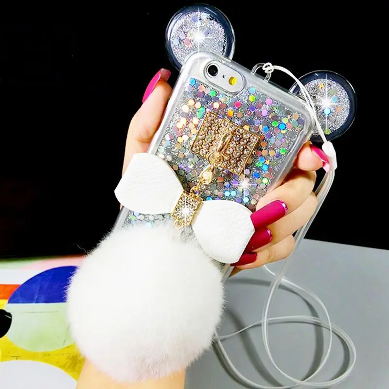 For iphone 6 6s 7 plus 6+ Korea Glitter Flake Soft Bow Pompom Fur Ball Lanyard Strap diamond Rhinestones case cover |