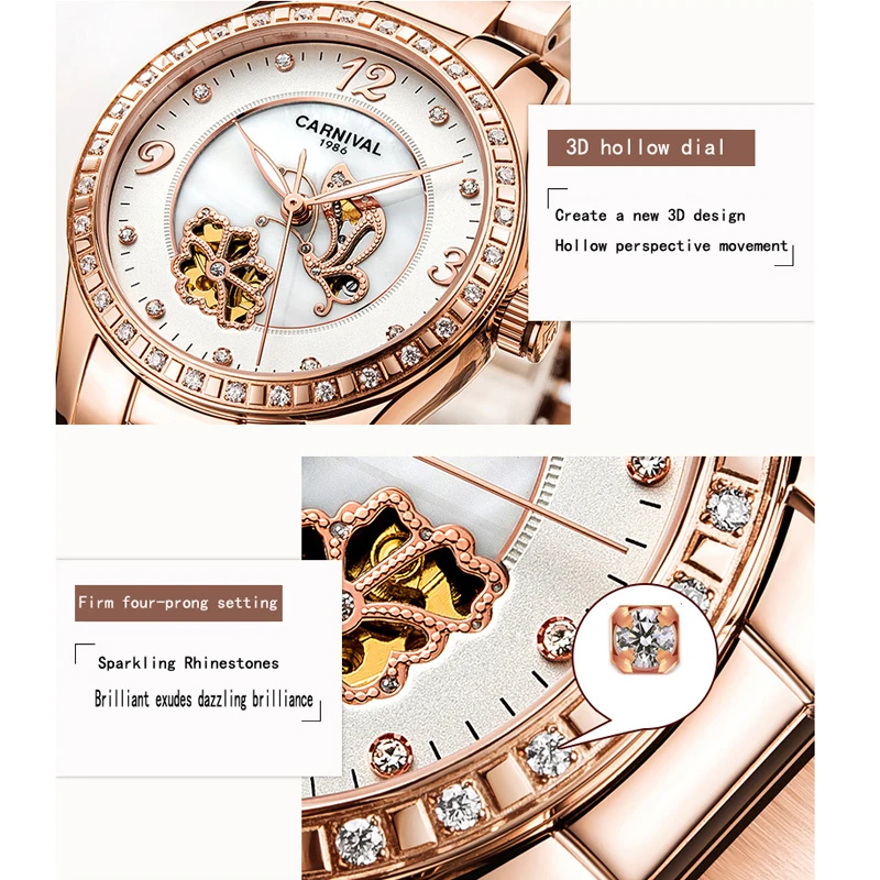 Carnival  Mechanical Watch Women Ceramic Clock Butterfly Design Women's Watches Top Brand Luxury Women Sapphire Crystal Female enlarge