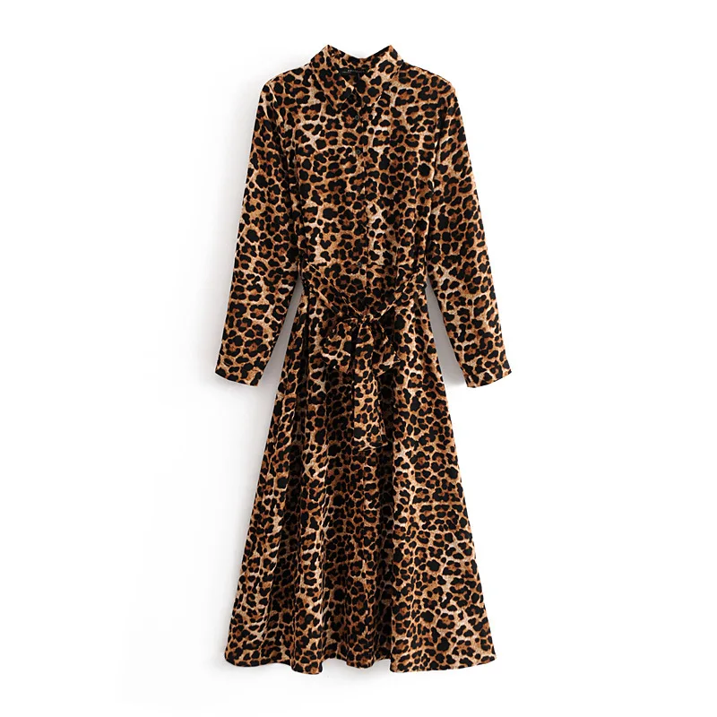 Винтажное платье до щиколотки с леопардовым принтом бантом поясом и длинным