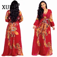 xuru 2020 women chiffon printed dress full sleeve v neck belted loose dresses casual beach long dress soft maxi robe s 5xl