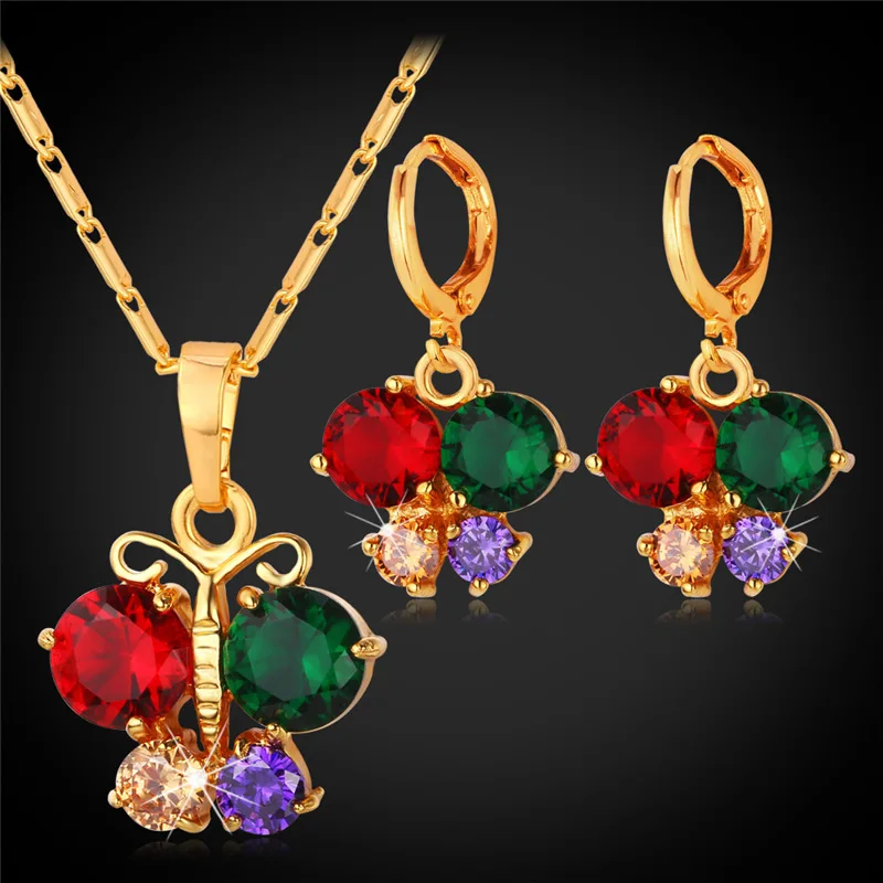 

Butterfly Necklace Earrings Set For Women Fashion Jewelry Yellow Gold Color Colorful Cubic Zircon Bridal Jewelry Sets PE1119