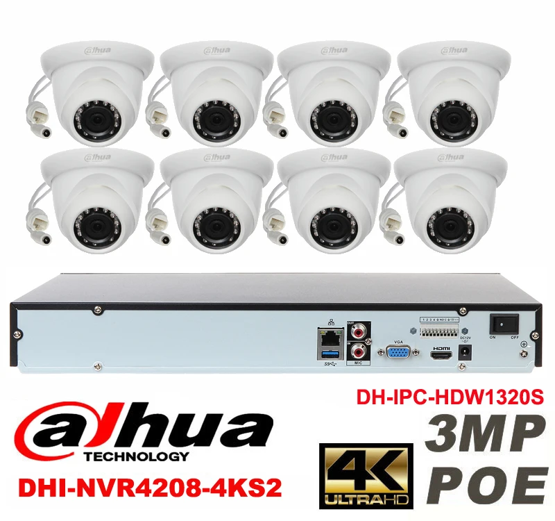 

Dahua original 8CH 3MP H2.64 DH-IPC-HDW1320S 8pcs CCTV Network camera POE DAHUA DHI-NVR4208-4KS2 Dome IP security camera kit