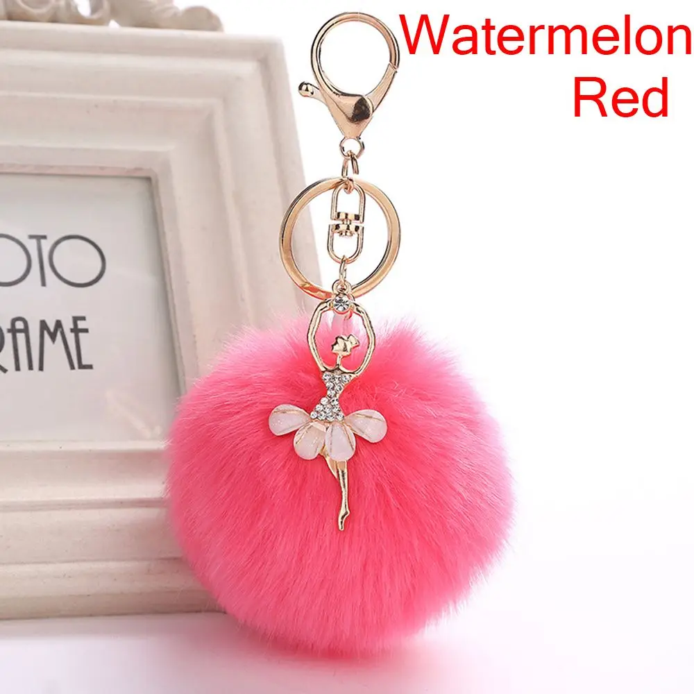 watermelon red Модный хрустальный балетный брелок с помпоном для девочек, золотой танцевальный ангел, стильные пушистые слоеные подвески, брелоки, декор для телефона, сумки - Цвет: watermelon red