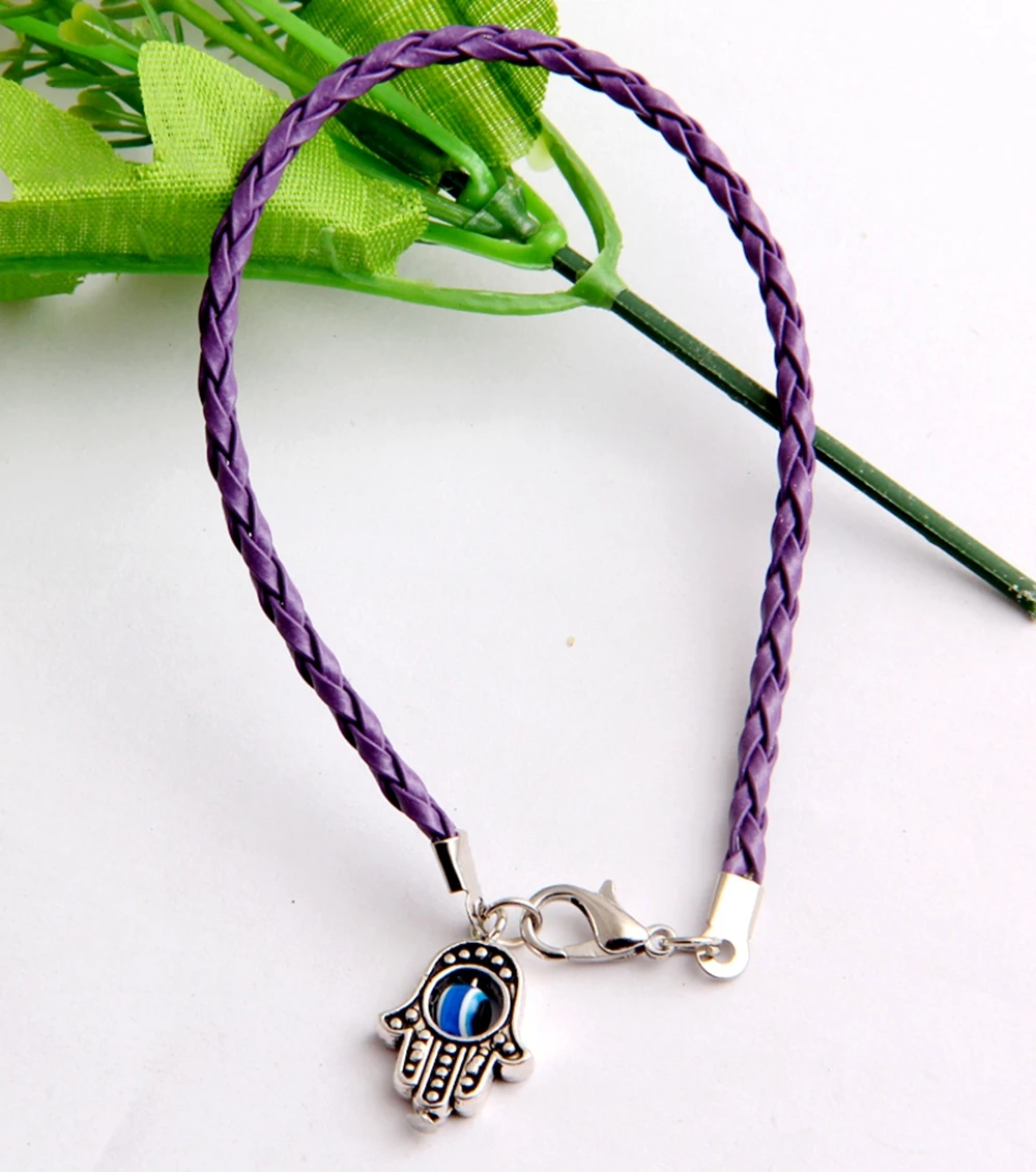 Оптовая продажа 10 шт. фиолетовые браслеты гирлянды HAMSA Кожаные Подвески на