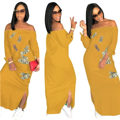 yellow dress Adogirl/Макси-платье размера плюс S-3XL с принтом Money dollar, повседневные длинные платья с открытыми плечами и завязками, с рукавом 3/4, с разрезом сбоку, летние платья - Цвет: yellow dress