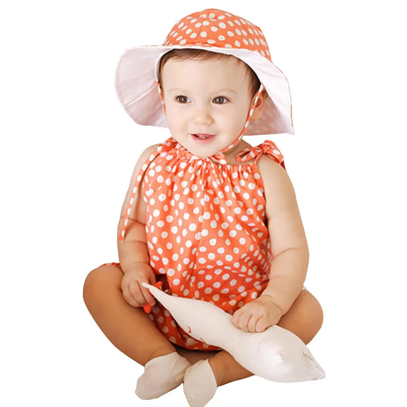 

Baby Girl Summer Romper Cute Dot Sleeveless Cotton Belt Rompers+Hat Toddler Girl Jumpsuit Baby Costumes Overalls Baby Clothes