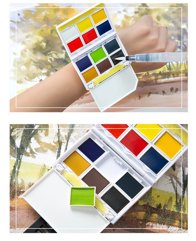 Creative Portable 12/24Colors Watch type Pigment Solid Watercolor Paints Set With Paintbrush Pigment Set best gifts Art Supplies