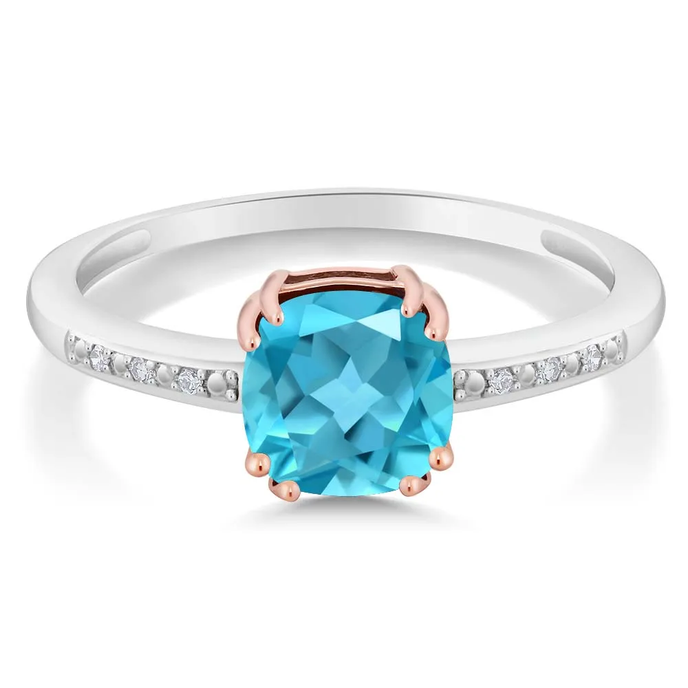 Gemstoneking 10 К розы и белого золота Diamond Accent Ring Подушки голубой топаз (1.87 cttw) кольцо для