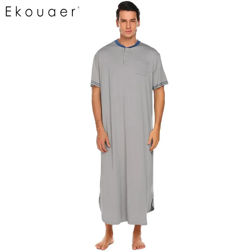 Ekouaer, Мужская мягкая ночная рубашка, ночная рубашка с коротким рукавом, Хенли, свободная длинная рубашка для сна, Мужская пижама, домашняя одежда размера плюс