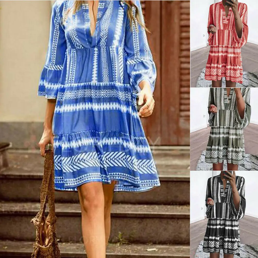 Женское платье-мини Boho летнее Повседневное платье с рукавом три четверти и