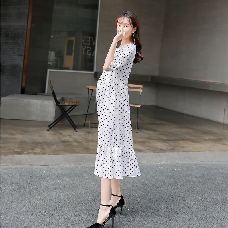 Модная свободная летняя шифоновая одежда в горошек с коротким рукавом для беременных; Лидер продаж; платье для мам; платья на период лактации для беременных; C837