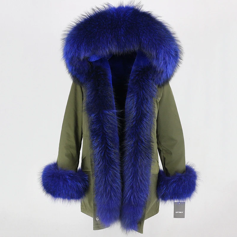 green blue OFTBUY, пальто с натуральным мехом, зимняя куртка для женщин, натуральный мех енота, капюшон, водонепроницаемая, длинная парка, съемная, уличная одежда, роскошные парки, теплые - Цвет: green blue