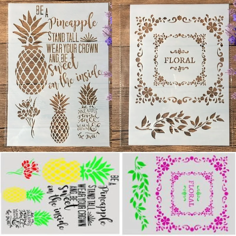 

2Pcs A4 Pineapple Floral Square DIY Craft Layering Stencils Painting Scrapbooking Stamping Embossing Album Paper Template