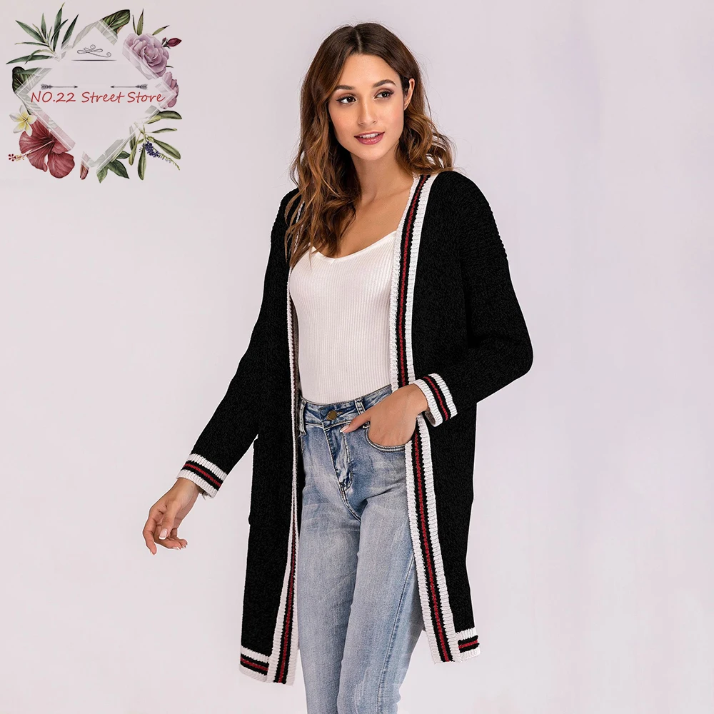 2018 Fashion Women Sweater Cardigans New Autumn Spring Long Coat Open Stitch O-Neck Pockets Kinitting Jacket |