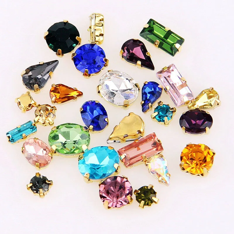 

Mixed Color Shapes Sew On Rhinestone Glass Crystal with Gold Claw Setting Strass Diamond Stones DIY Wedding Dress Decoration