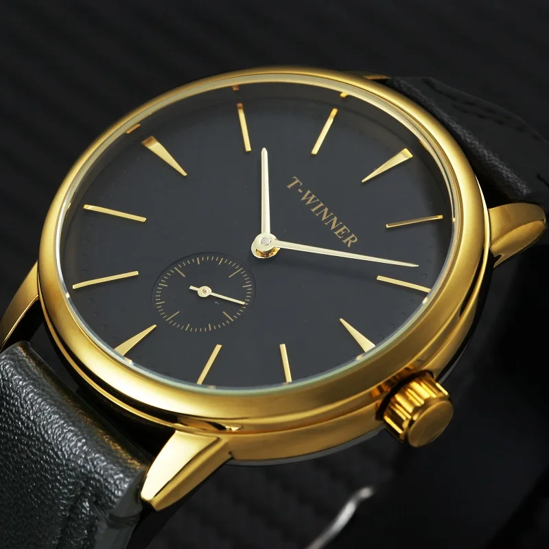 GOLD BLACK WINNER официальные простые механические часы для мужчин из натуральной кожи ремешок Роза Золотая стрелка модный бренд Роскошные часы для влюбленных подарок - Цвет: GOLD BLACK