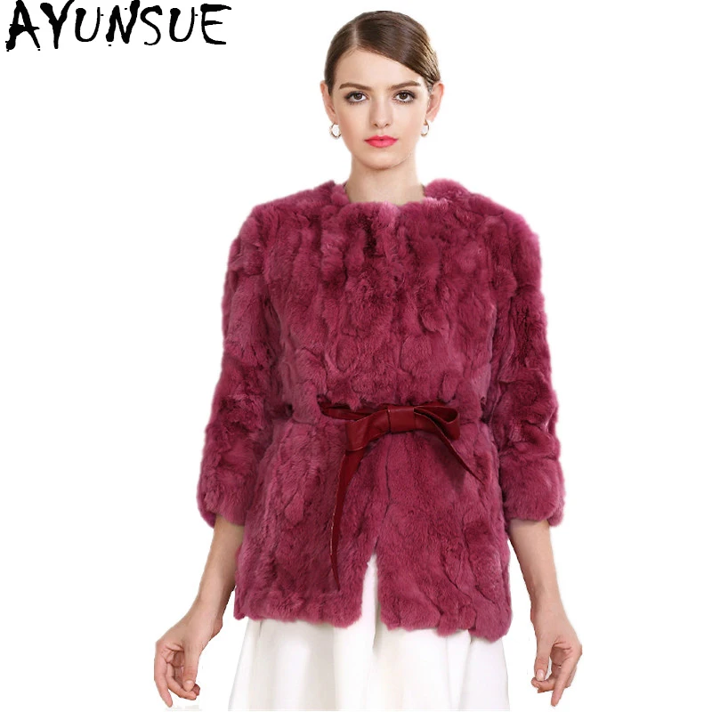 AYUNSUE 2020 New Autumn and Winter Natural Rex Rabbit Fur Coats Women O-Neck Long Slim Real Fur Coat Female Outerwear  YS2814004